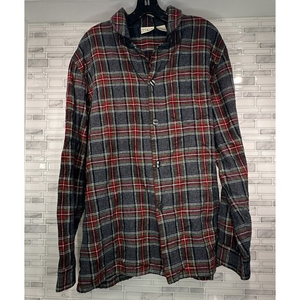 LL Bean‎ Men's Plaid Flannel Pajama Shirt Large TALL  100% Cotton Gray + Red